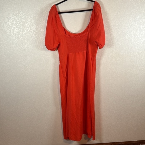 Loft Orange Puff Sleeve Linen Blend Maxi Dress Smocked Back Leg Slit Size 14 - Picture 5 of 11